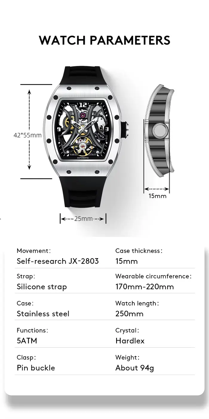 Montre Daniel Gorman cadran squelette automatique homme acier inoxydable bracelet fibre de carbone étanche pour sportifs et gentlemen