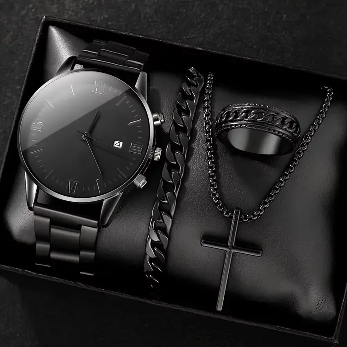 Ensemble de montres à quartz minimalistes noires pour hommes 4 pièces/ensemble avec bracelet