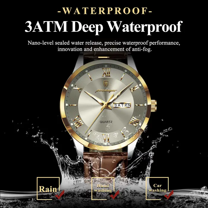 POEDAGAR Original montre de mode pour homme en cuir Date semaine Quartz hommes montre étanche lumine