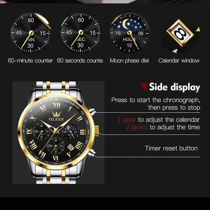 OLEVS Top marque de luxe montre pour hommes étanche lumineux en acier inoxydable Phase lunaire Code de synchronisation