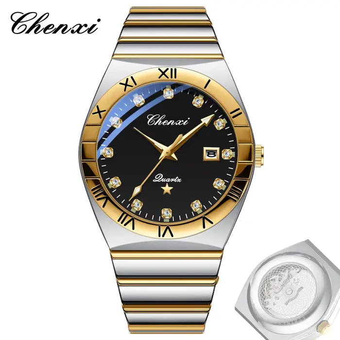 CHENXI-Montres à quartz étanches pour hommes, montres-bracelets dorées en acier inoxydable, deuxième