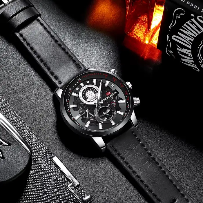 Montre VA VA VOOM en alliage avec bracelet en cuir robuste pour hommes, résistante à l'eau, anti-magnétique et dotée de calendrier complet, idéale pour les sports et les voyages