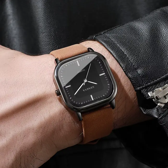 Bracelet en cuir pour hommes montre quartz carrée élégante à offrir pour occasions professionnelles et décontractées