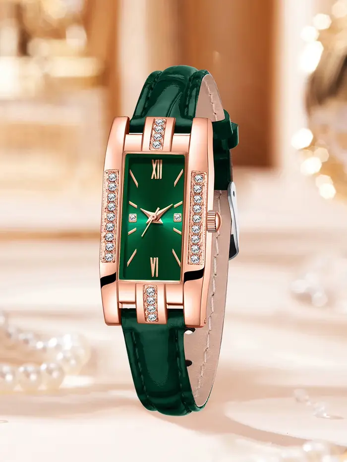 Montre rectangulaire pour femme avec bracelet en cuir incrusté de diamants en or rose