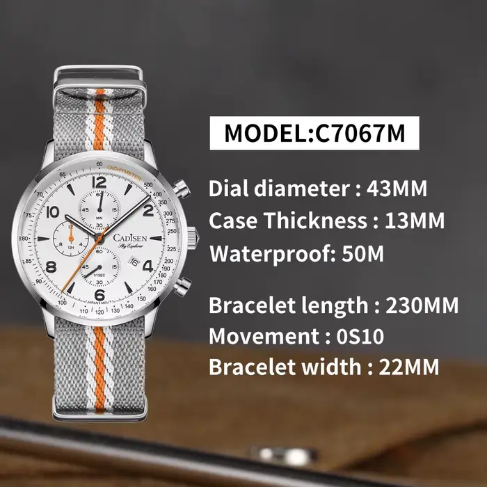 Montre à quartz Cadisen, multifonction, verre saphir, étanche 10 ATM, chronomètre, aiguille des secondes, montre-bracelet