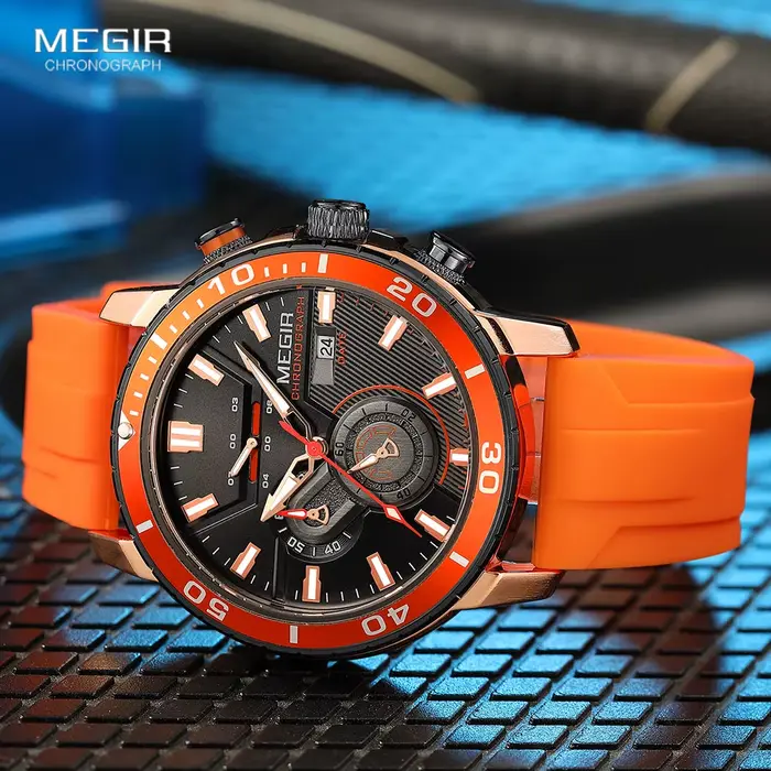 MEGIR montre de Sport Orange pour hommes mode bracelet en Silicone étanche chronographe montre-bracelet à Quartz avec Date automatique aiguilles lumineuses
