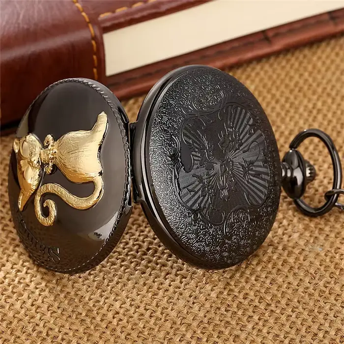 Montre de poche Vintage sculptée en forme de chat siamois doré