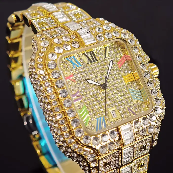 UNIGUET luxe diamant montre à Quartz pour hommes cadran arc-en-ciel calendrier Hip Hop glacé or montre-bracelet