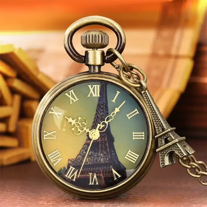 Montre de poche unisexe à quartz analogique avec imprimé chiffres romains en bronze