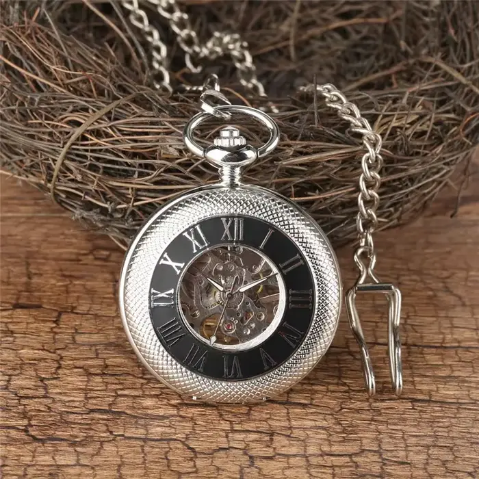 Montre de poche en argent pour hommes, mécanique, remontage manuel, affichage des chiffres romains, 