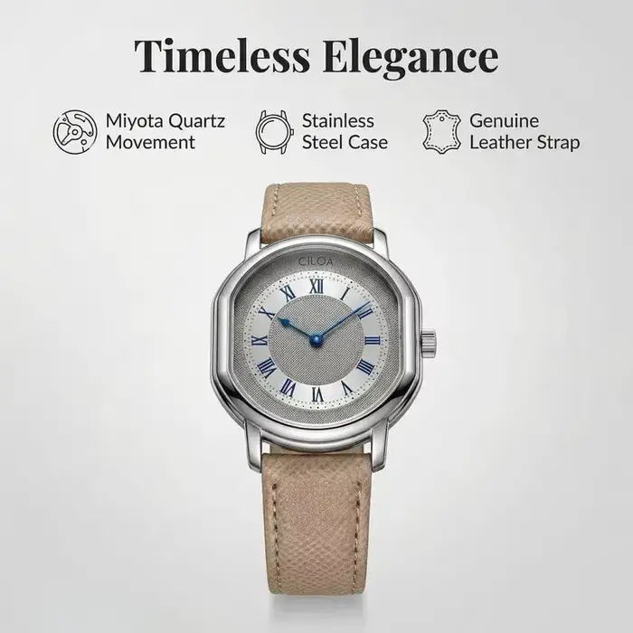 Montre The Arbiter en acier inoxydable avec bracelet en cuir pour femmes et hommes, résistante à l'eau 3 bars, mouvement Miyota, style fashion et casual