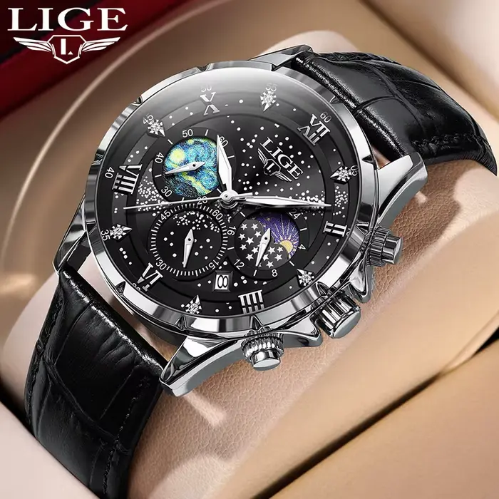 LIGE-Montre à quartz en cuir étanche pour homme, chronographe décontracté, marque supérieure, mode d