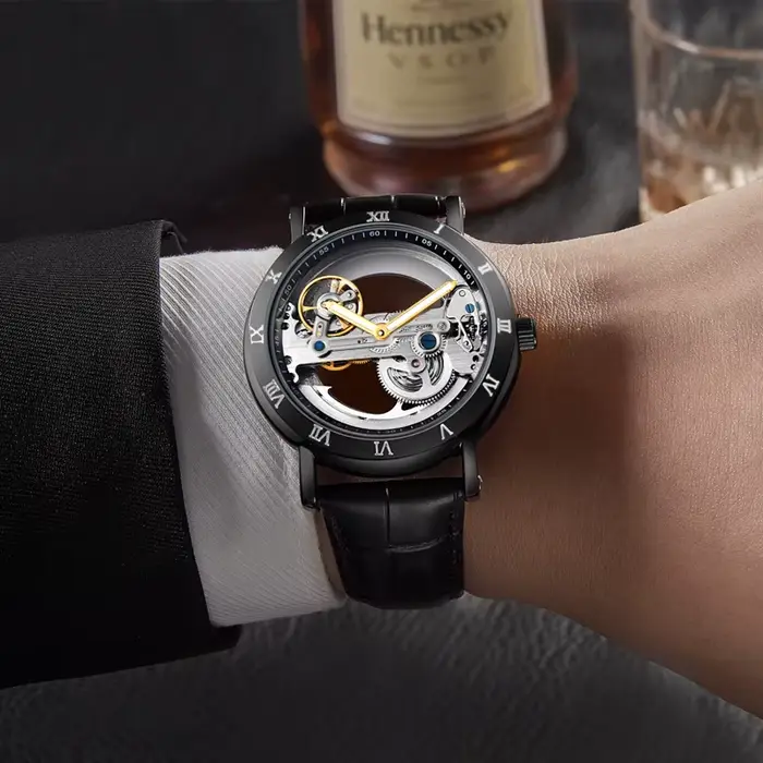 Montre hommes montre automatique montre de luxe homme montre-bracelet mécanique squelette conception étanche bracelet en cuir mâle montre Reloj Hombr