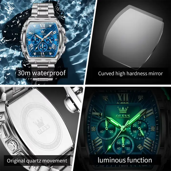 OLEVS nouveau Design Tonneau montre hommes lumineux étanche Date en acier inoxydable chronographe montres à Quartz