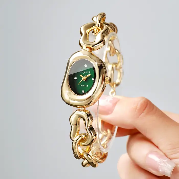 Montre à quartz pour femmes élégante cadran vert bracelet chaîne dorée occasion spéciale femmes