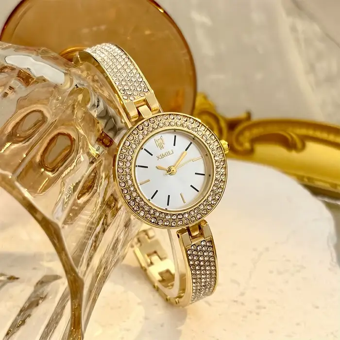 Montre pour femme entièrement sertie de diamants délicats – Montre élégante en or pour femme avec br