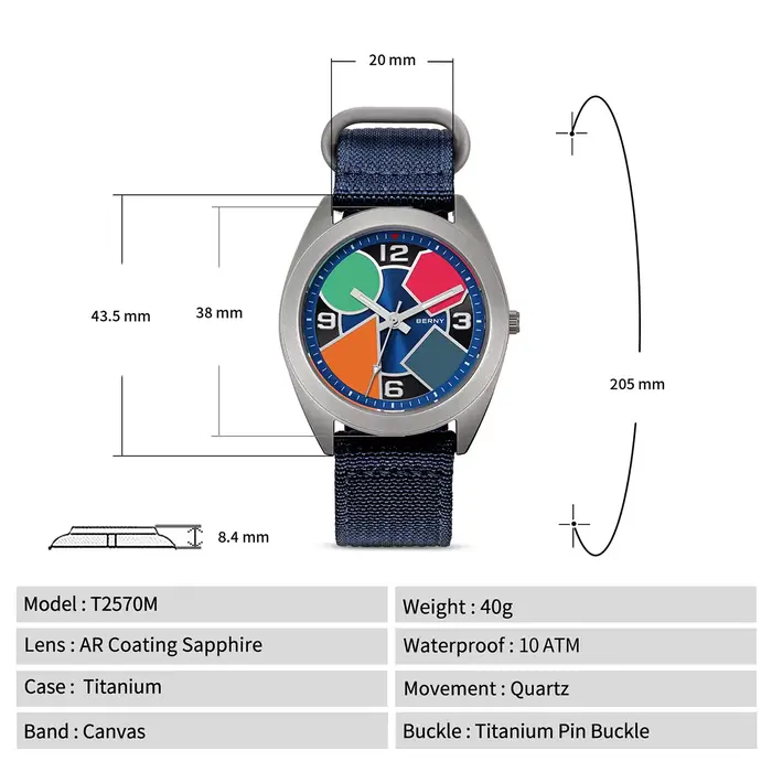 BERNY montre en titane pour hommes cadran géométrique revêtement AR saphir accrocheur multicolore toile lumineuse
