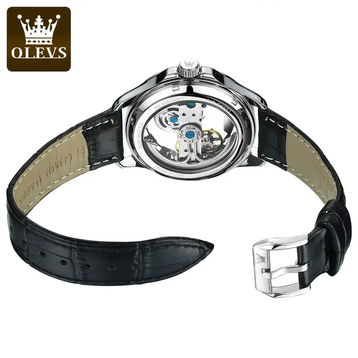OLEVS 6661 montre homme automatique entièrement creuse bracelet en cuir de mode étanche horloge à main lumineuse montres mécaniques pour hommes