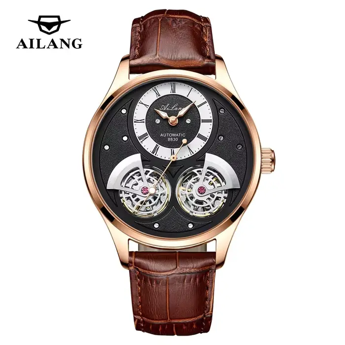 Montre mécanique Daniel Gorman pour homme à double tourbillon rotatif, mouvement automatique, résistante à l'eau, montre pilote avec affichage squelette et numérotation romaine pour homme