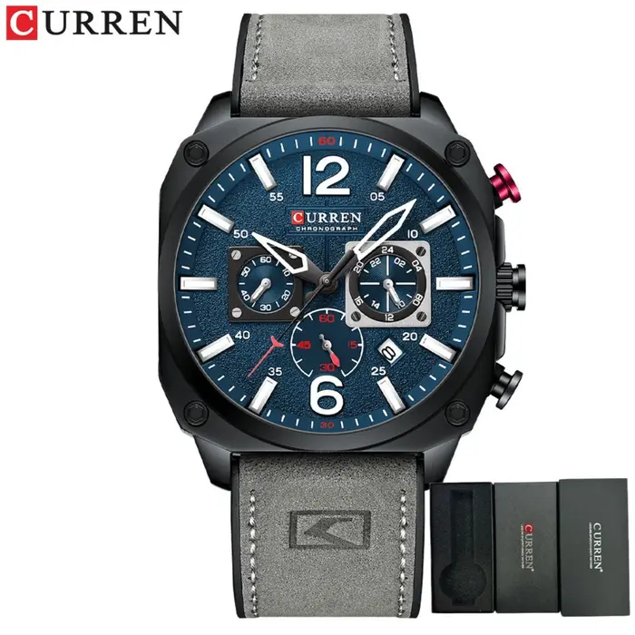 Montre chronographe carrée vintage pour homme, style militaire décontracté, quartz, boîtier en alliage, bracelet en cuir, résistance à l'eau 3 bars, cadeau idéal pour occassions spéciales