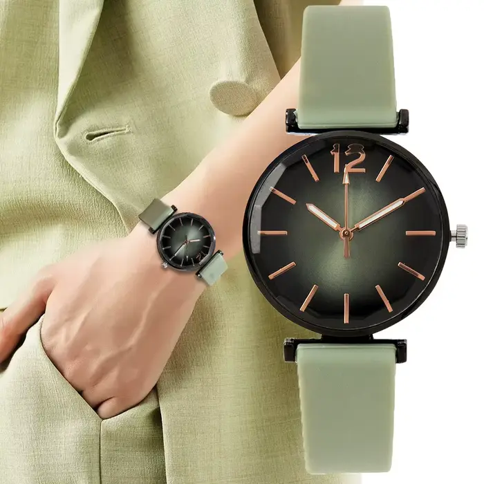 Montre Femme Élégante Vert Dégradé Boîtier Noir Bracelet Silicone Montre à Quartz Occasions Spéciales Femmes Casual Chic