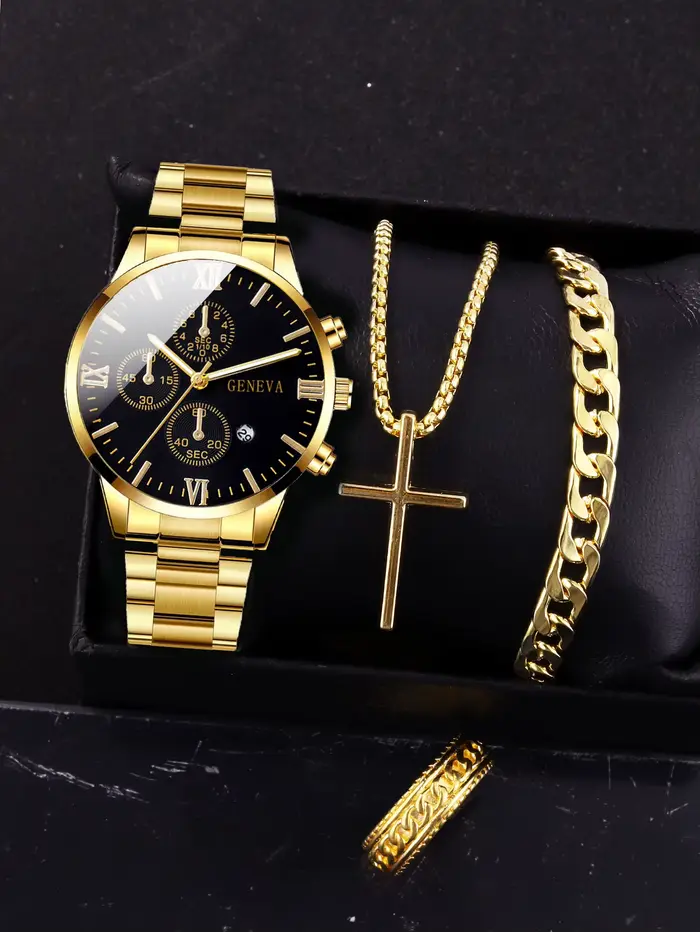 Ensemble de 4 montres à quartz pour hommes en alliage d'or avec calendrier romain et collier croix