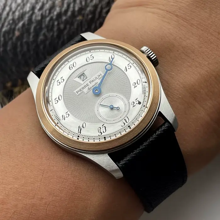 Montre en acier inoxydable et cuir avec lunette en bronze saumon, mouvement automatique, fenêtre date, résistance à l'eau 50m, pour homme, occassions spéciales et quotidiennes