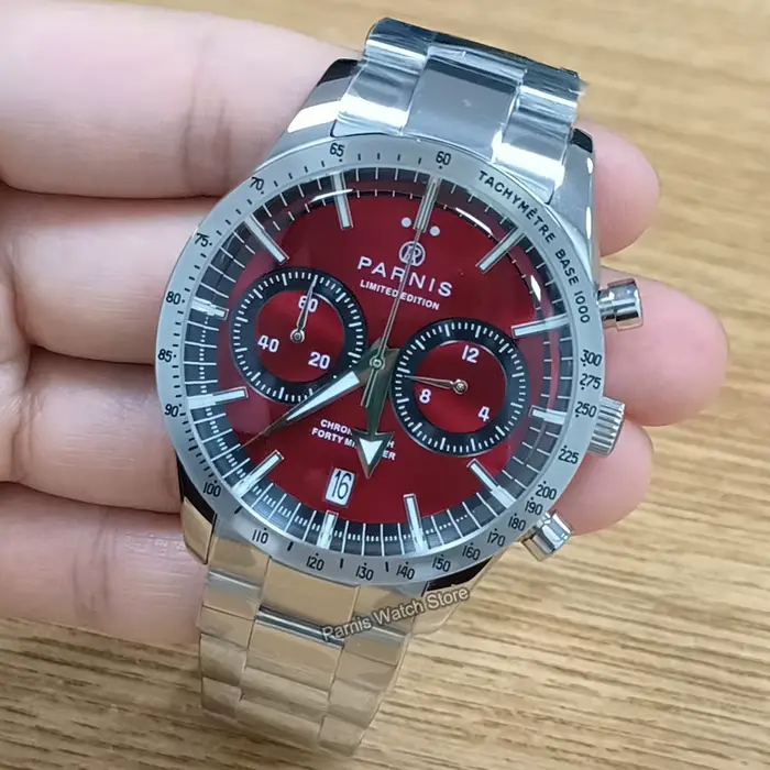 Parnis 40mm cadran rouge Quartz chronographe montre pour hommes bracelet en acier inoxydable