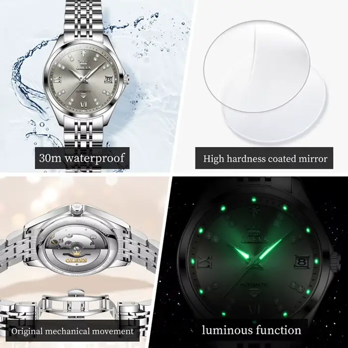 Montre mécanique automatique en acier inoxydable pour femme