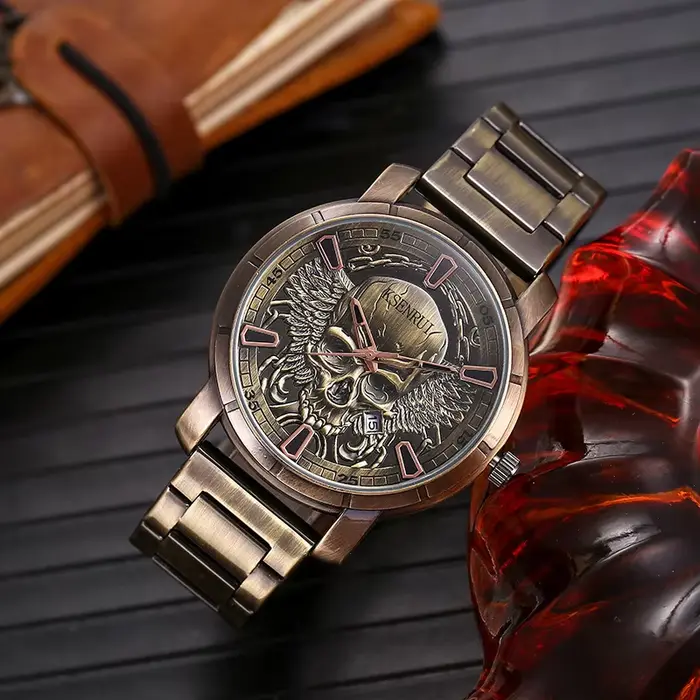 Montre Crâne Rétro Hommes Bracelet Luxe Acier Cuir Horloge Cadeau Occasions Spéciales
