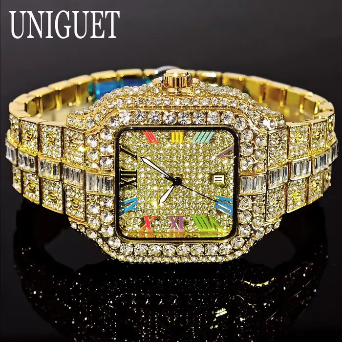 UNIGUET luxe diamant montre à Quartz pour hommes cadran arc-en-ciel calendrier Hip Hop glacé or montre-bracelet