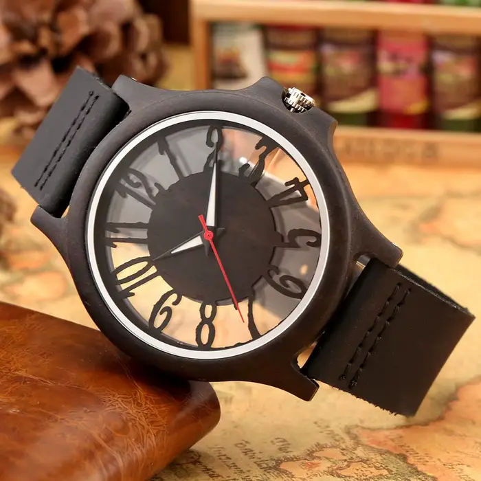 Montre à Quartz en Bois Transparent avec Bracelet en Cuir pour Homme Occasions Spéciales Style Retro Élégant à Offrir