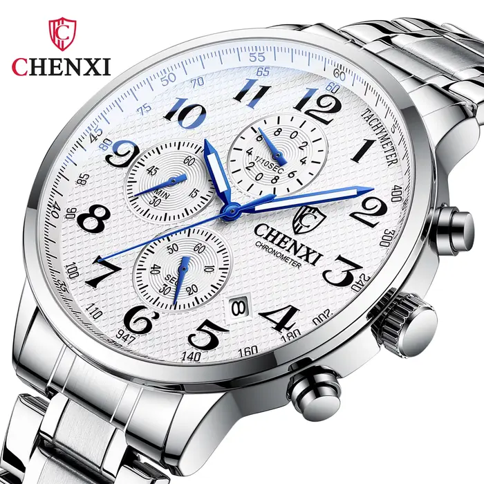 Montre CHENXI en acier inoxydable avec chronographe et calendrier complet pour homme résistante à l'eau et adaptée à tous les styles et occasions