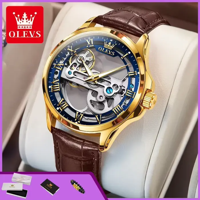 Montre homme OLEVS 6661 Transparent Squelette Volant Automatique Bracelet Cuir Occasions Spéciales Luxe