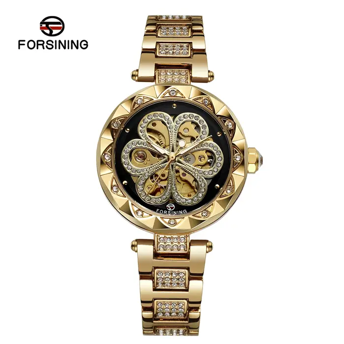 Forsining montre squelette pour femmes mode classiques diamant montres mécaniques automatiques aiguilles lumineuses bracelet en acier inoxydable