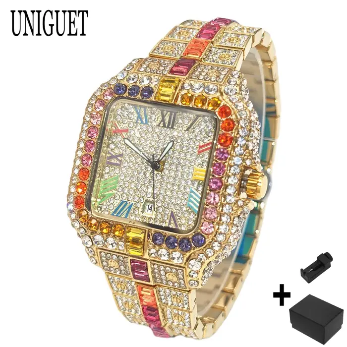 Montre UNIGUET Rainbow Diamond acier inoxydable carrée avec marqueurs de chiffres arabes pour hommes styles hip-hop occasions spéciales