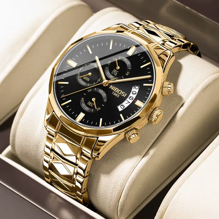 Montre NIBOSI en acier inoxydable élégante avec affichage chiffres romains pour hommes occassions spéciales quartz chronographe lumineuse résistante à l'eau