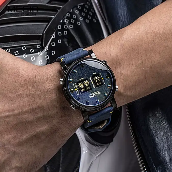 MEGIR – montre-bracelet en cuir bleu pour homme