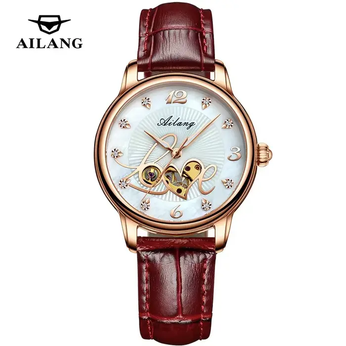Montre-bracelet mécanique automatique Love Luxury Skeleton Ailang pour femme, boîtier en métal doré 