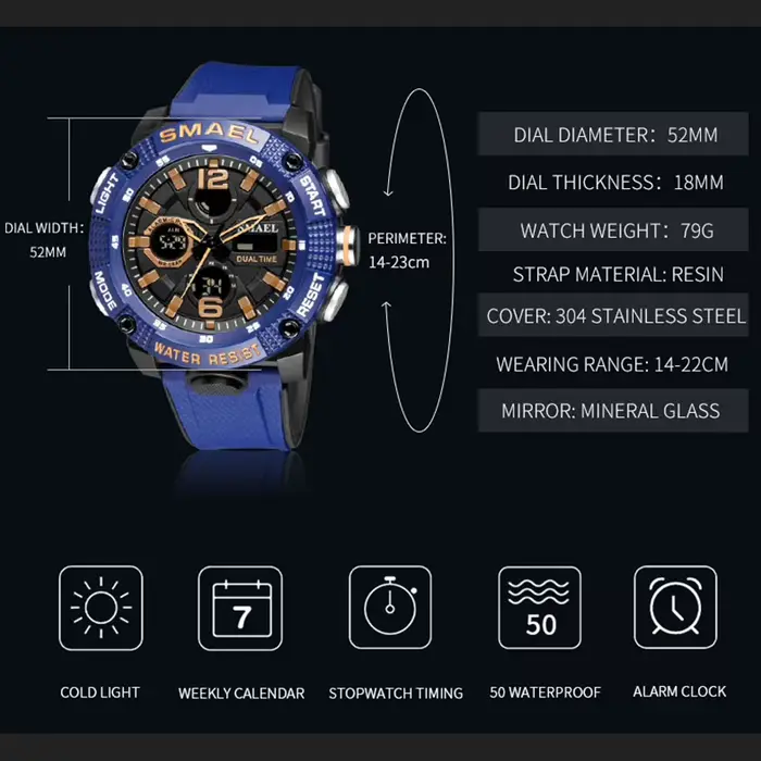 Montres de Sport étanche 50M SMAEL montre de luxe de marque supérieure réveil pour homme numérique 8039