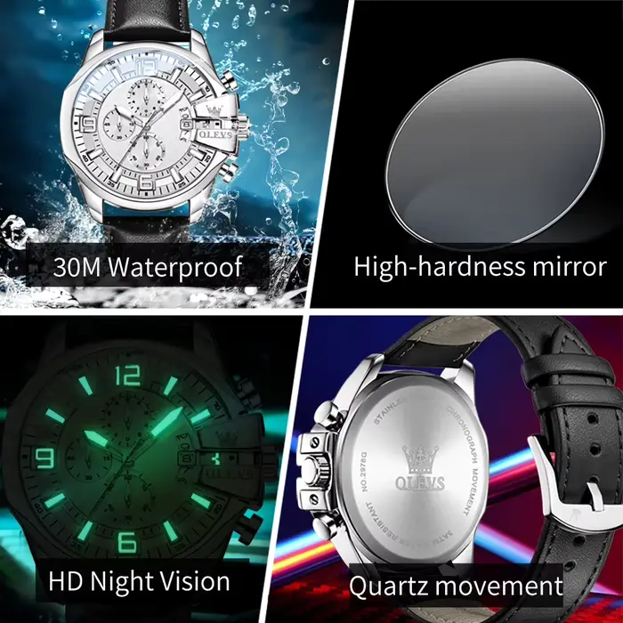 Montre OLEVS 2978 pour homme mouvement quartz cadran chronographe lumineux bracelet cuir fenêtre de calendrier résistance à l'eau 30m occassions spéciales style décontracté et élégant