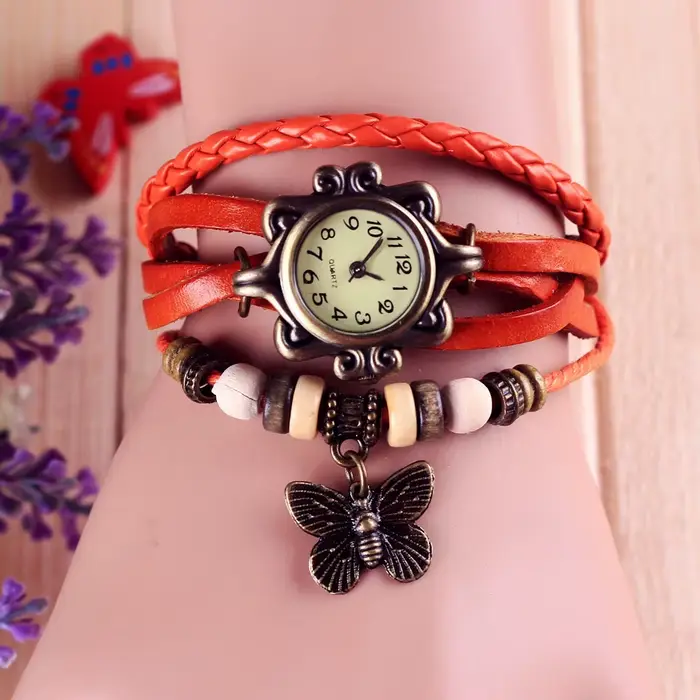Antique femmes montre en cuir enveloppé Bracelet