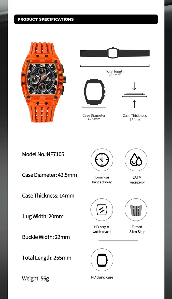 NAVIFORCE NF7105 montres pour hommes montre à Quartz de marque supérieure homme Chronos en Silicone montres-bracelets Tonneau multifonctions colorées