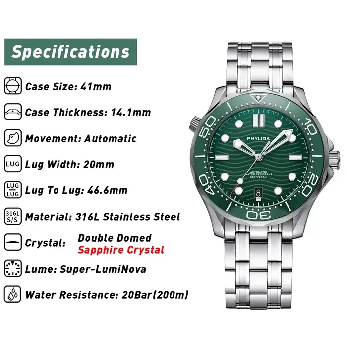 Montre PHYLIDA Acier Inoxydable 316L Cadran Vert Résistance 200m Occasions Spéciales Plongée Détente
