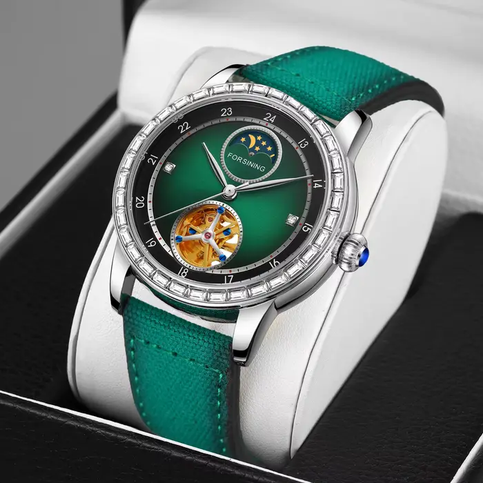 Marque de luxe Tourbillon squelette montres mécaniques Phase de lune sculpté mouvement strass automatique montre pour hommes bracelet en cuir