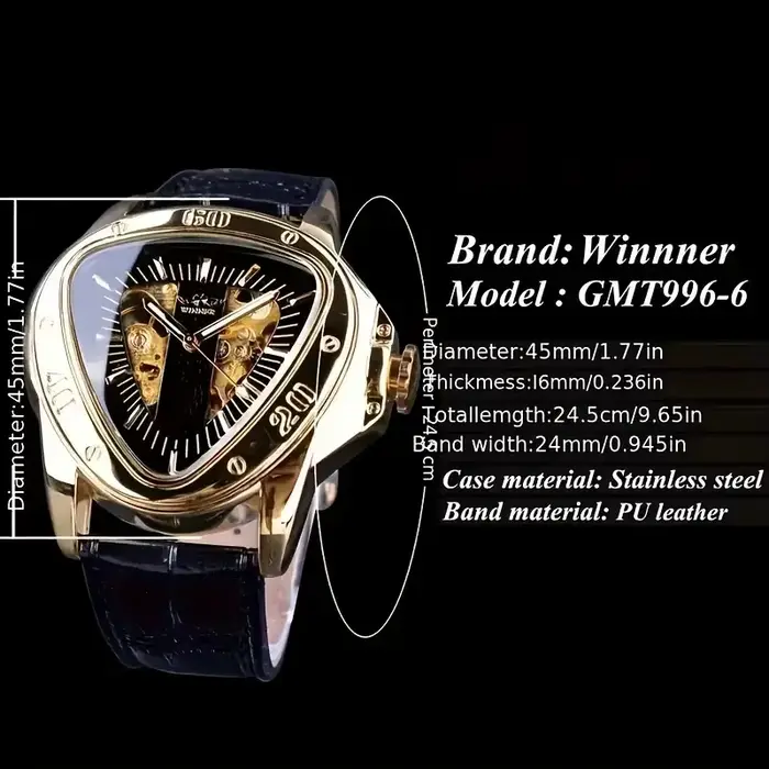 Montre pour homme squelette triangulaire dorée