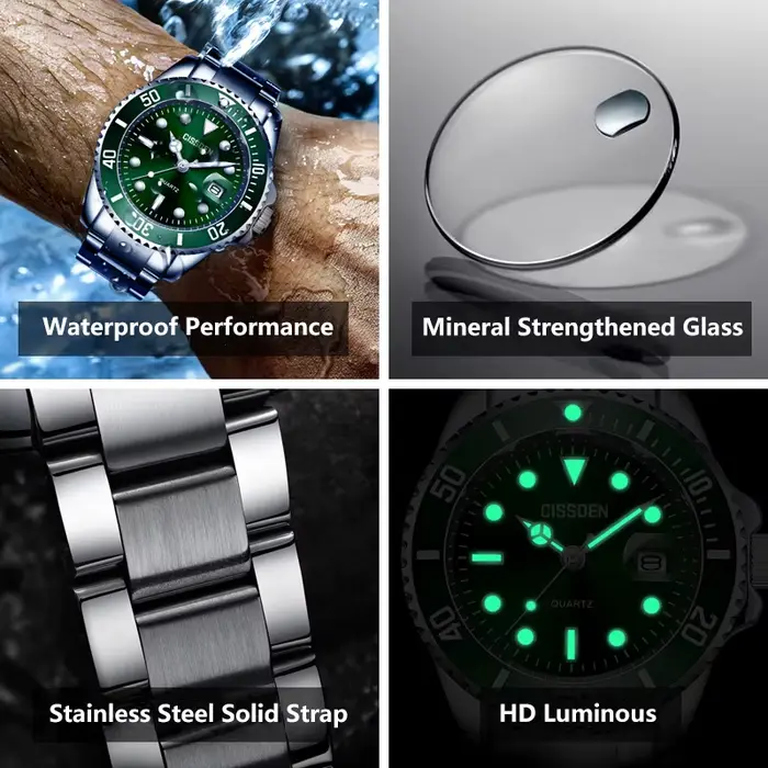 Montres-bracelets à quartz élégantes résistantes à l'eau pour hommes avec calendrier complet et aiguilles luminescentes occasions spéciales
