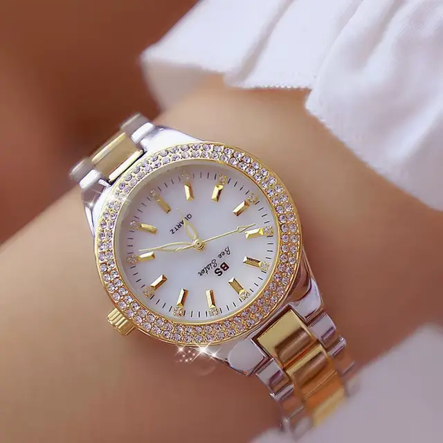 Montres-bracelets en acier inoxydable pour femmes, montre habillée pour dames, or, cristal, diamant,
