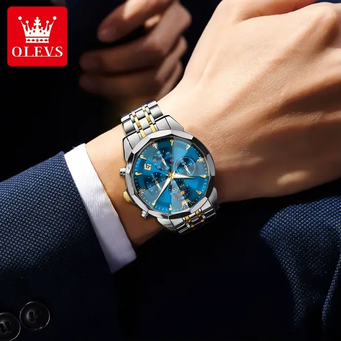 OLEVS montre homme classique Chrono Phase de lune montres à Quartz multifonctions pour hommes miroir romain bracelet en