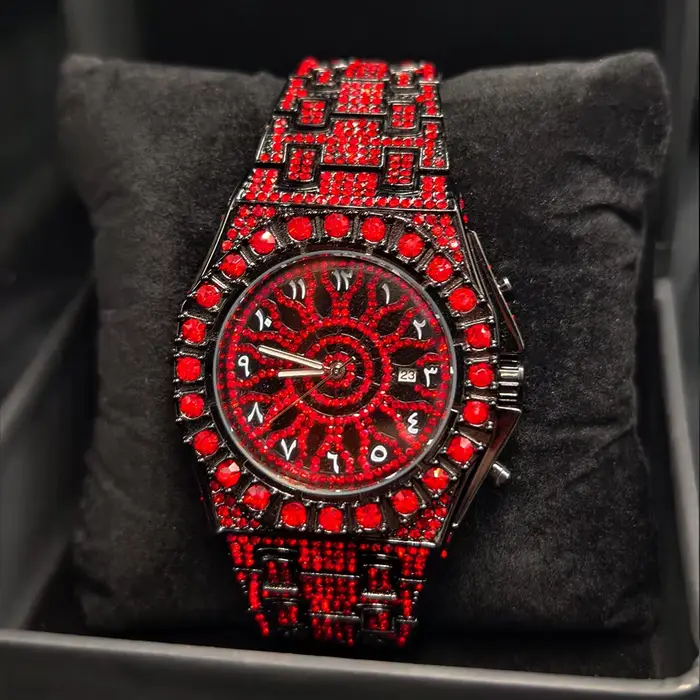 Montre homme diamant rouge PINTIME luxe quartz avec fermoir caché à bouton-poussoir pour homme occasions spéciales